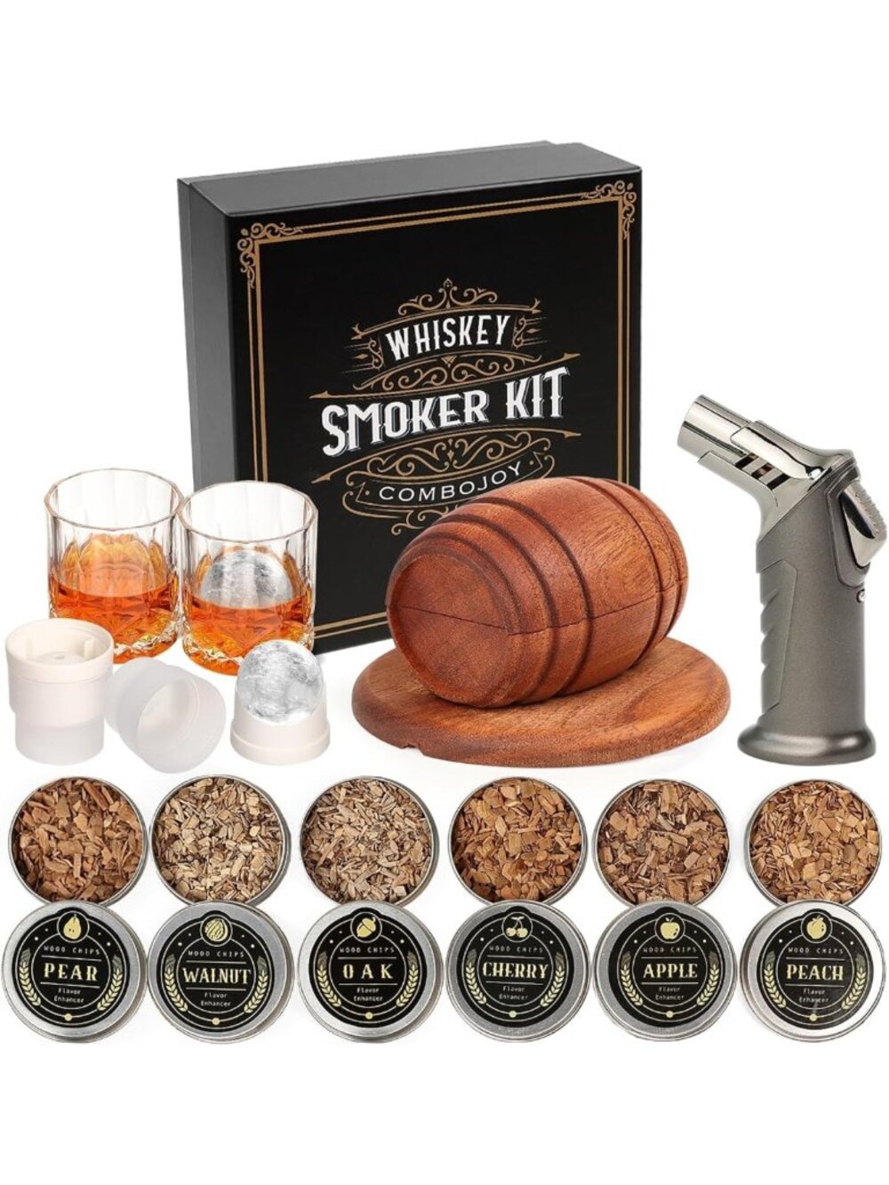 Whiskey Smoker Kit with Torch - 6 Flavor Wood Chips, Glasses & Ice Molds